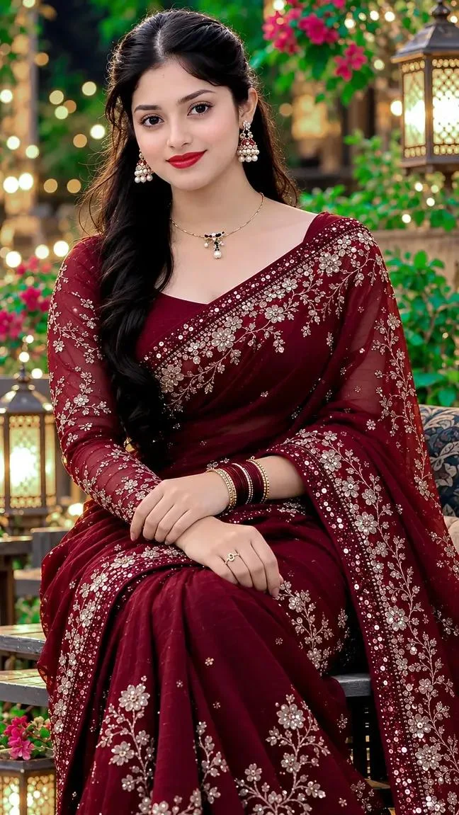 Beautiful Indian Girl in Maroon Embroidered Saree – Royal Traditional Portrait Photography