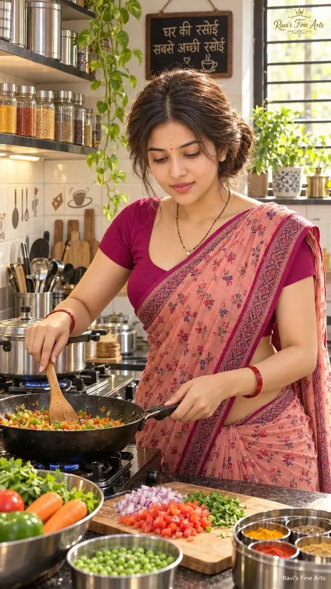 Beautiful South Indian Woman Cooking in Traditional Home Kitchen | 8K Realistic Portrait