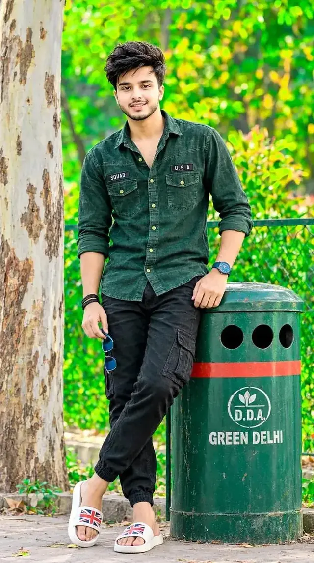 Stylish Green Shirt Boy – Outdoor Attitude Portrait