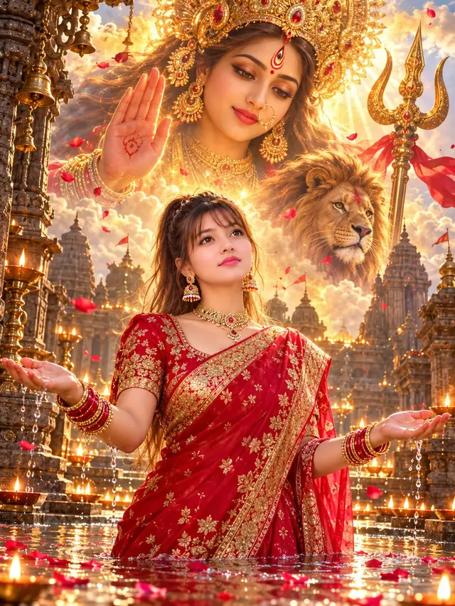 Maa Durga Divine Blessings, Red Saree Girl Devotional Portrait, Golden Temple AI Photo Editing