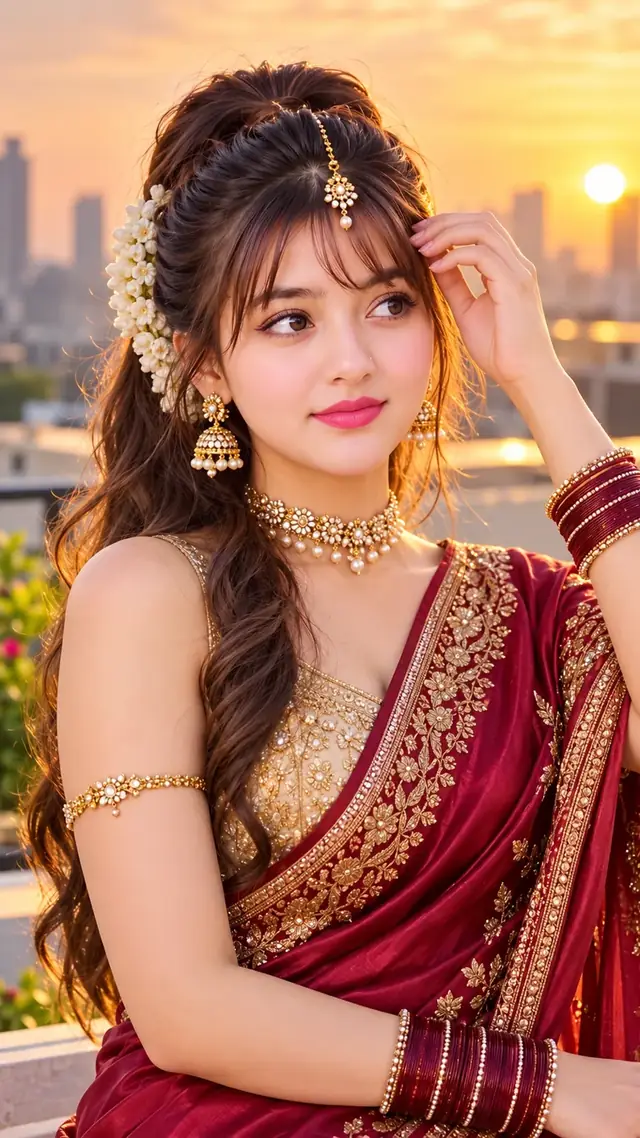 Royal Maroon Saree Queen – Golden Sunset Beauty Portrait