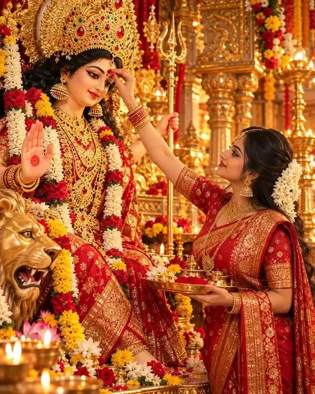 Maa Durga Sindoor Khela AI Photo Prompt – Bengali Durga Puja Traditional Red Saree Portrait