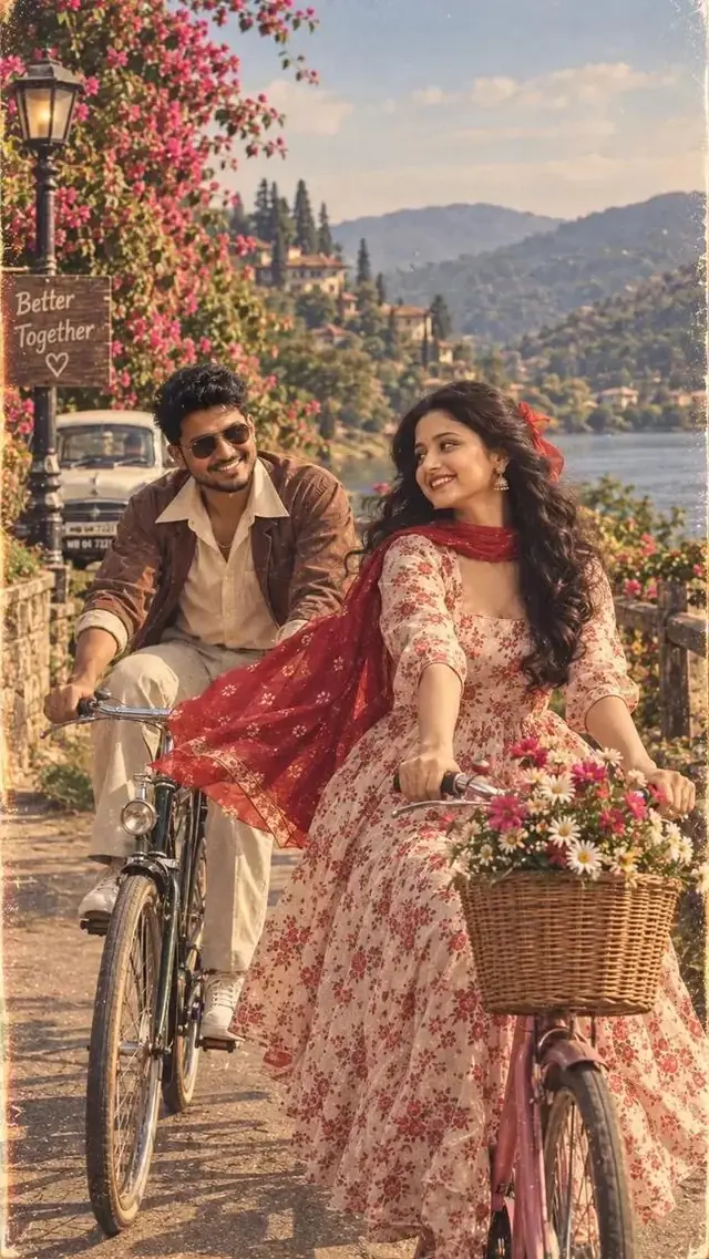 Romantic Indian Couple Bicycle Photoshoot, Vintage Love Story, Bollywood AI Photo Editingh