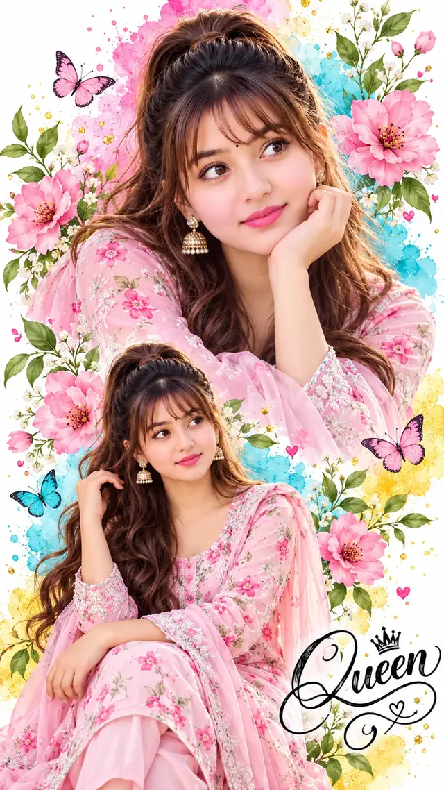 Priyanka Pink Floral Queen Double Portrait | Butterfly Watercolor AI Photo Prompt
