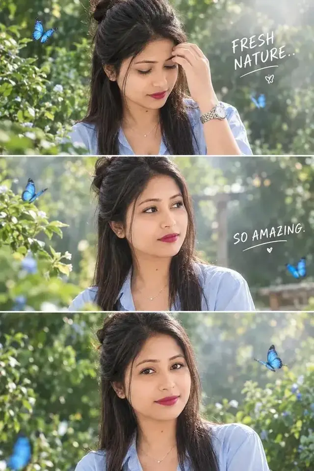 Beautiful Indian Girl in Blue Outfit – Fresh Nature Butterfly AI Photo Collage Prompt
