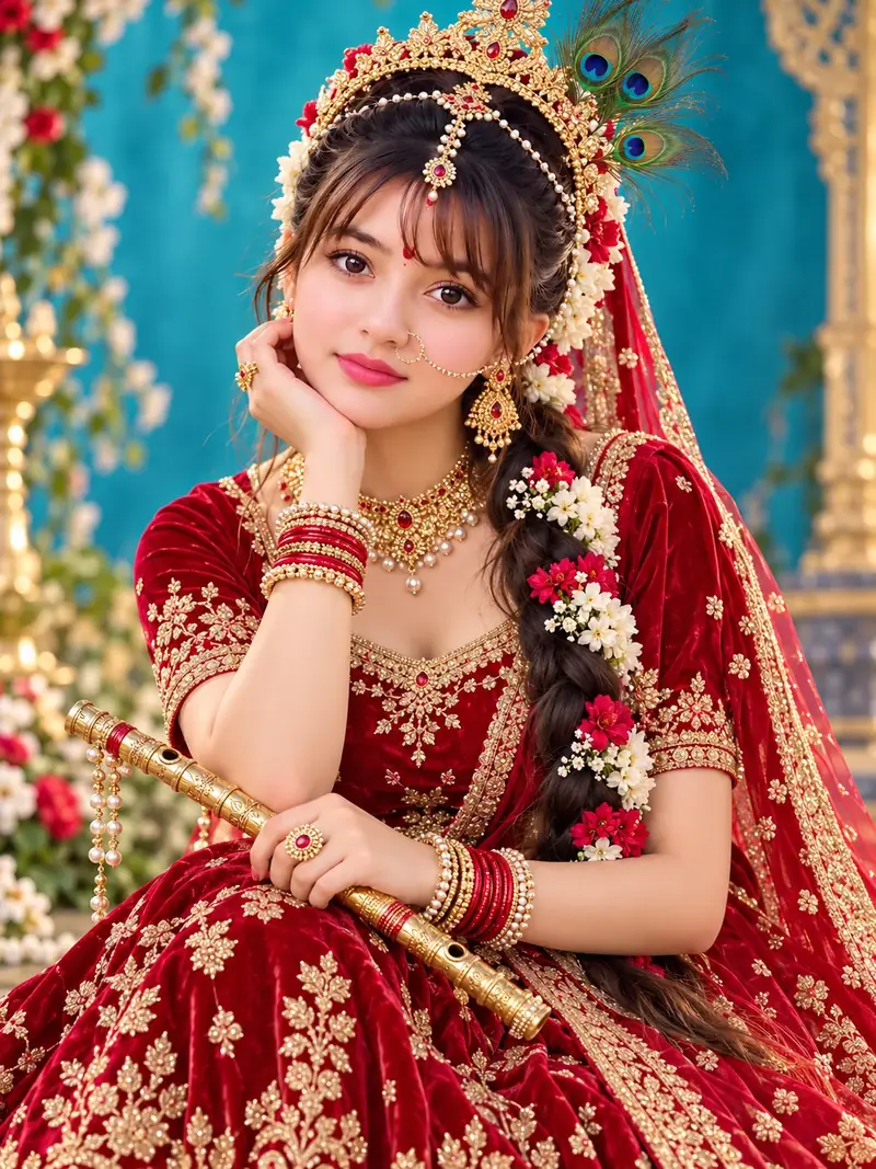 Beautiful Radha Rani in Royal Red Velvet Lehenga with Golden Flute | Divine Indian Traditional Portrait