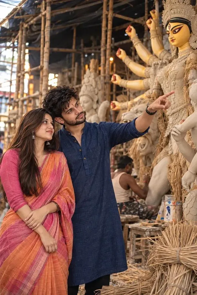 Bengali Durga Puja Couple at Kumartuli Idol Workshop AI Photo Prompt