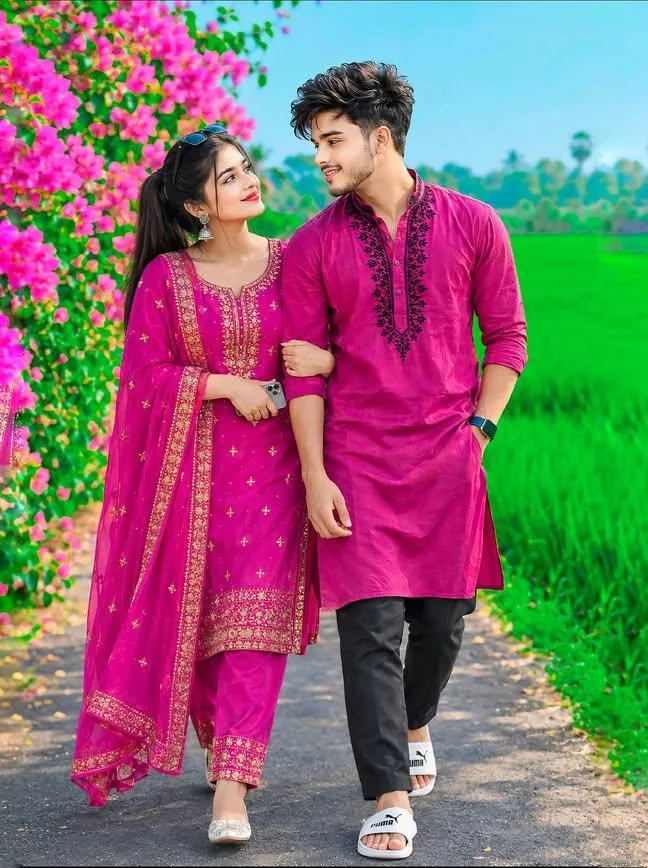 Priyanka Romantic Couple Pink Traditional Outfit | Beautiful Village Love Photoshoot AI Prompt