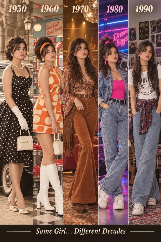 Same Girl Different Decades 1950s to 1990s Vintage Fashion AI Photo Editing Prompt