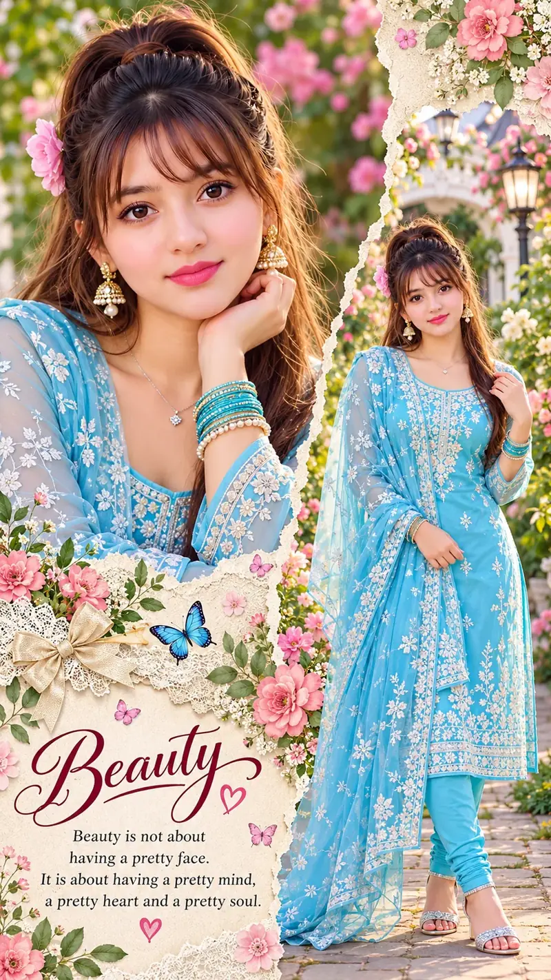 Beautiful Indian Girl in Sky Blue Embroidered Salwar Suit – Floral Double Portrait Collage AI Photo Prompt