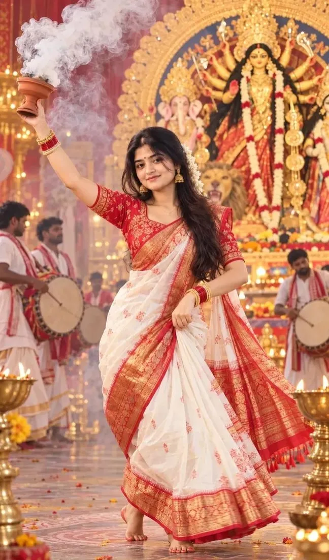 Beautiful Bengali Girl Dhunuchi Dance Durga Puja AI Photo Prompt