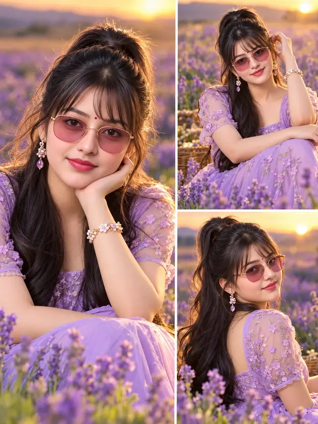 Beautiful Girl Lavender Flower Photoshoot, Purple Dress 3 Pose Collage, Aesthetic AI Portrait