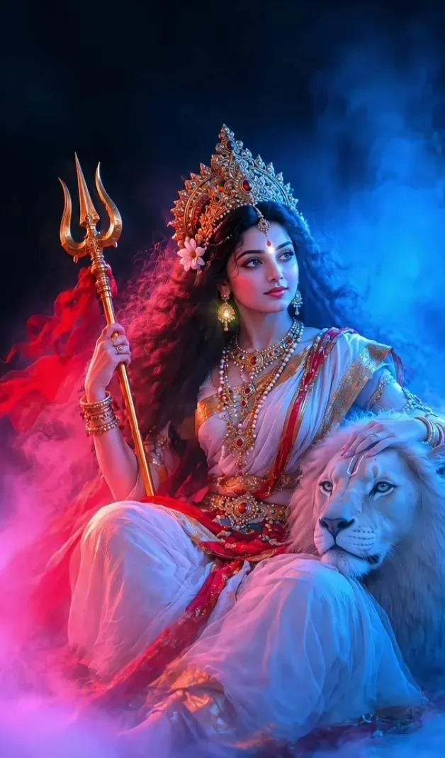 Maa Durga with White Lion Divine Cinematic AI Photo Prompt