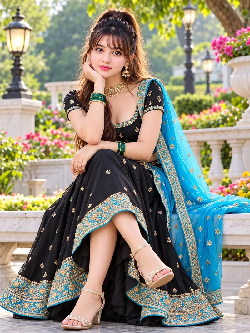 Beautiful Indian Woman in Black and Turquoise Blue Lehenga, Royal Garden Bollywood Photoshoot