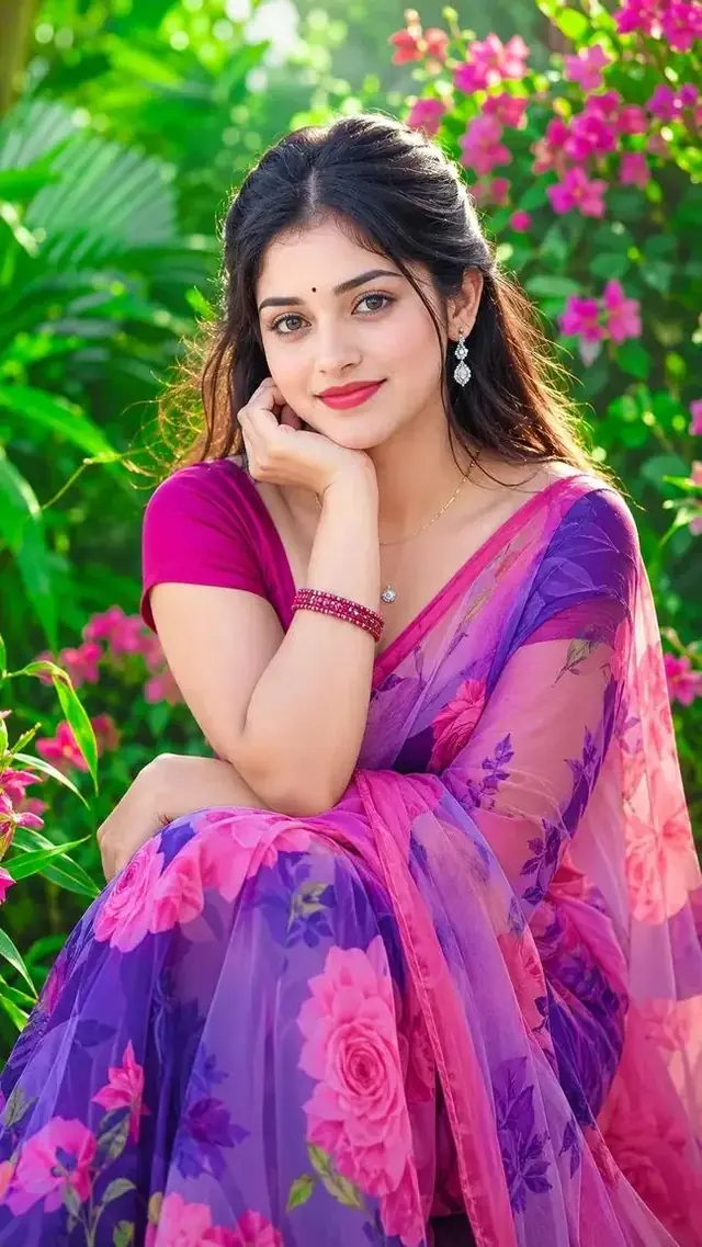 Beautiful Indian Girl in Purple and Pink Floral Saree β Romantic Garden Portrait