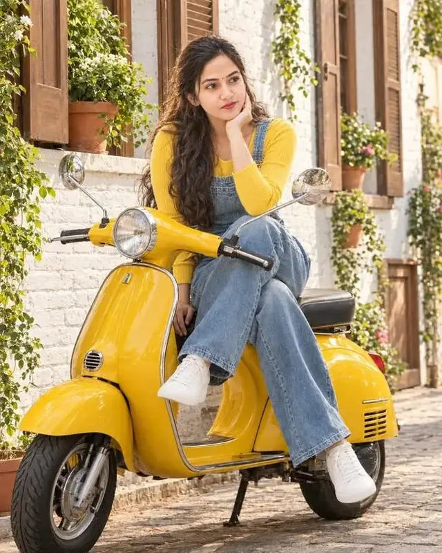 Beautiful Girl Yellow Scooter Photoshoot, Cute Indian Girl in Denim Outfit, Aesthetic Street Style AI Photo
