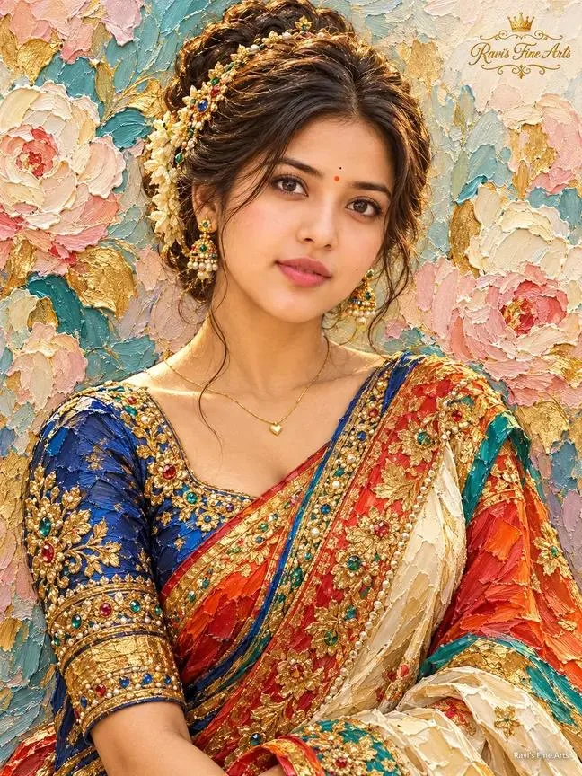 Beautiful Indian Girl in Royal Blue Banarasi Saree – Oil Painting AI Art Prompt
