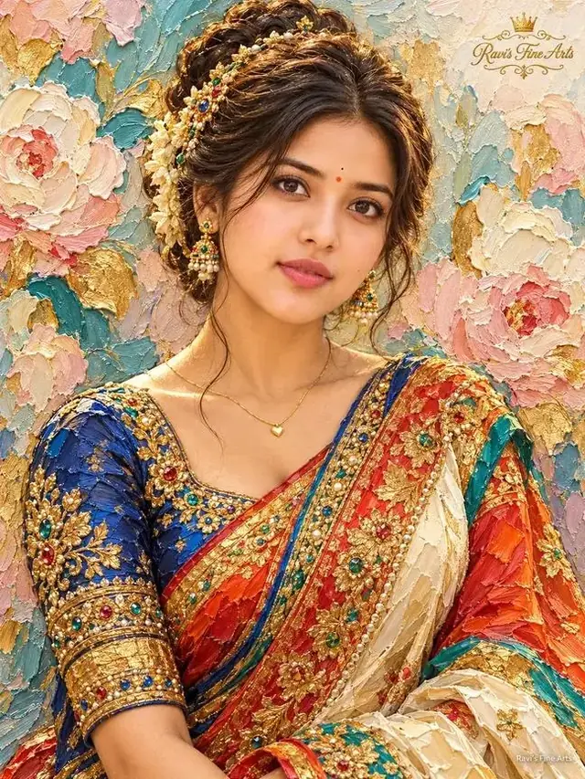 Beautiful Indian Girl in Royal Blue Banarasi Saree – Oil Painting AI Art Prompt