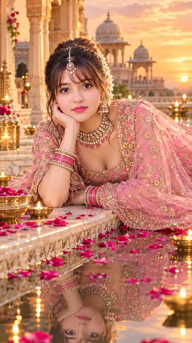 Royal Pink Lehenga Queen – Golden Palace Sunset Portrait