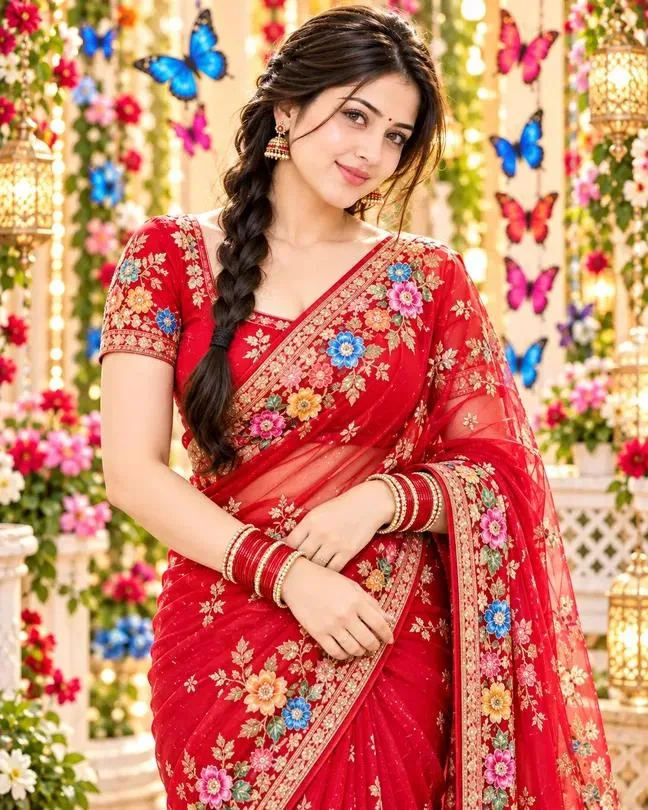 Royal Red Floral Saree – Beautiful Indian Woman Portrait