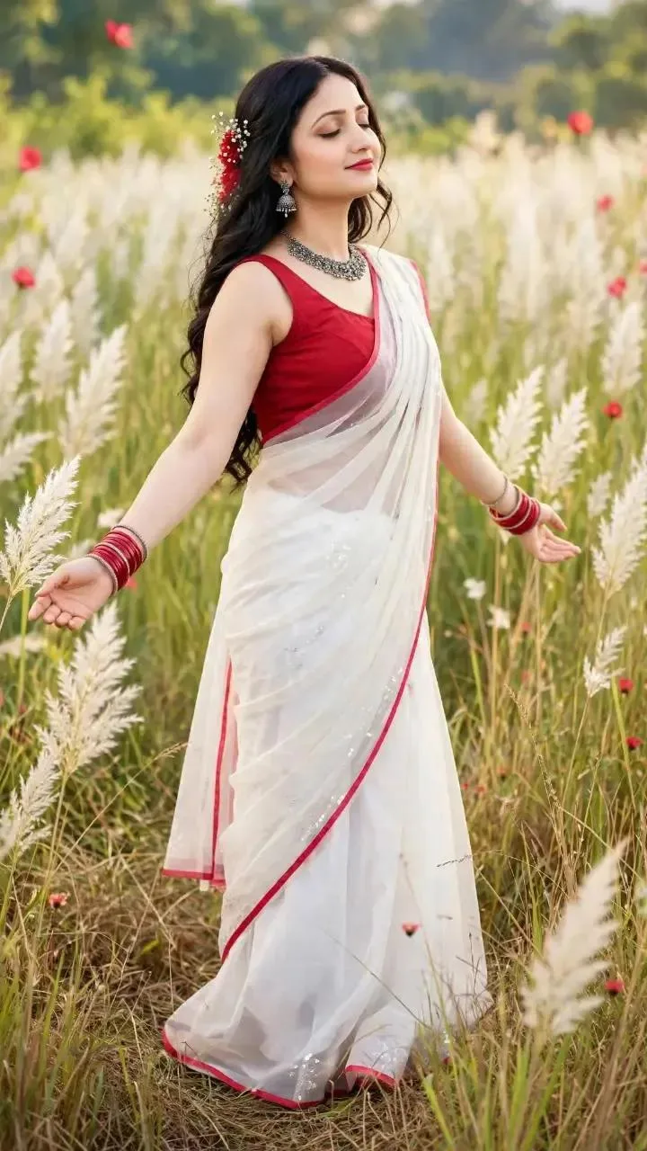 Beautiful Bengali Girl in White Saree, Kash Flower Field Photoshoot, Traditional Durga Puja Look
