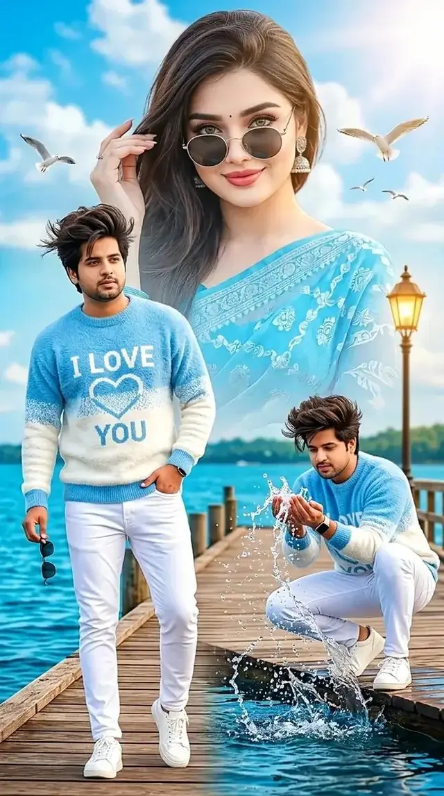 Romantic Love Photo Editing, Blue Saree Girl & Boy, 3D Couple Collage, Gemini AI Photo Prompt