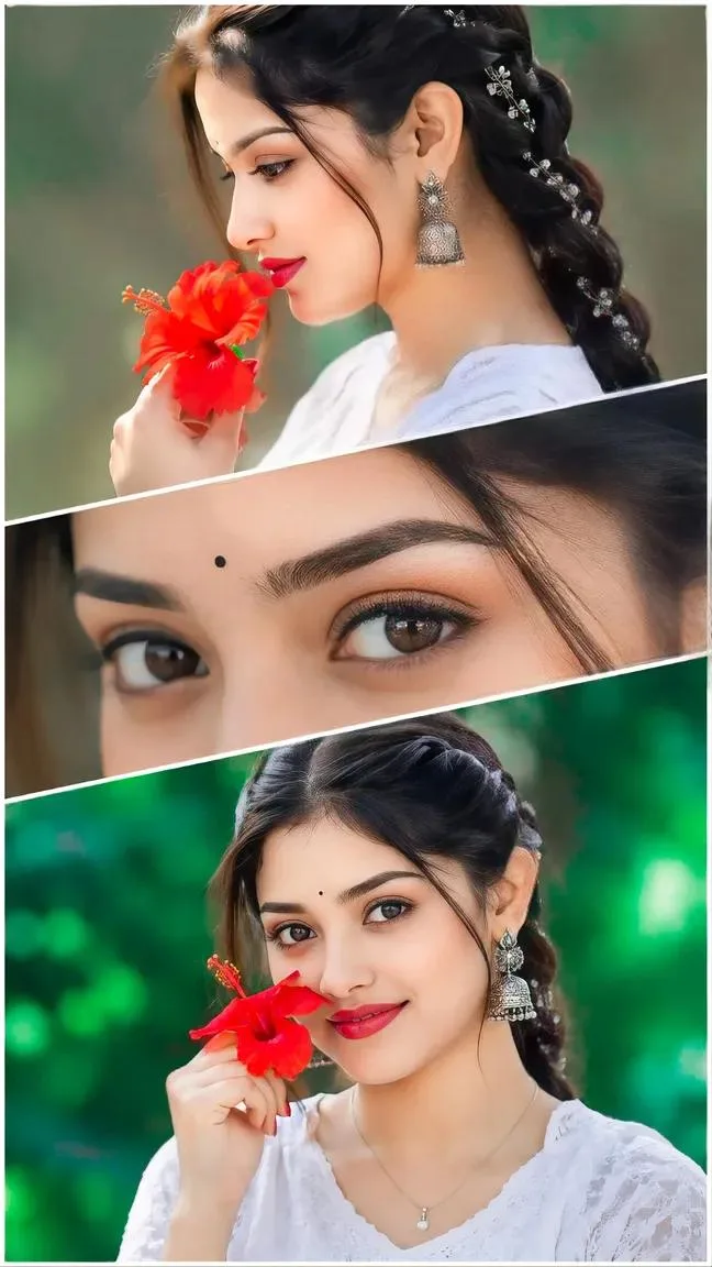Beautiful Indian Girl with Red Hibiscus Flower – Three-Panel Cinematic Portrait Collage