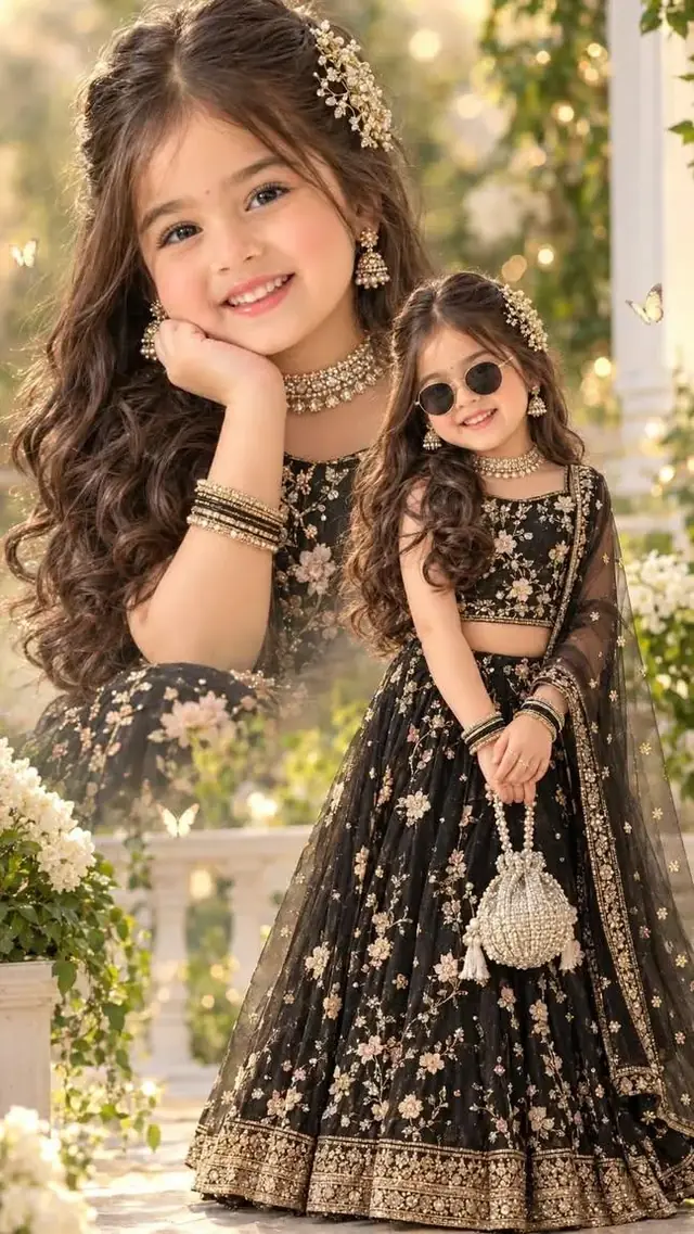 Priyanka Cute Little Girl Black Golden Lehenga Double Portrait | Princess AI Photo Prompt