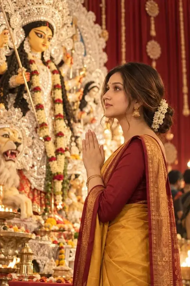 Navratri Divine Darshan – Beautiful Indian Woman Praying Before Maa Durga Idol