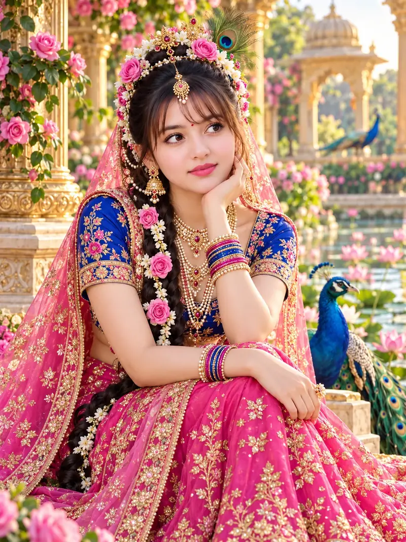 Radha Rani Royal Pink Lehenga Portrait, Beautiful Krishna Bhakti AI Photoshoot