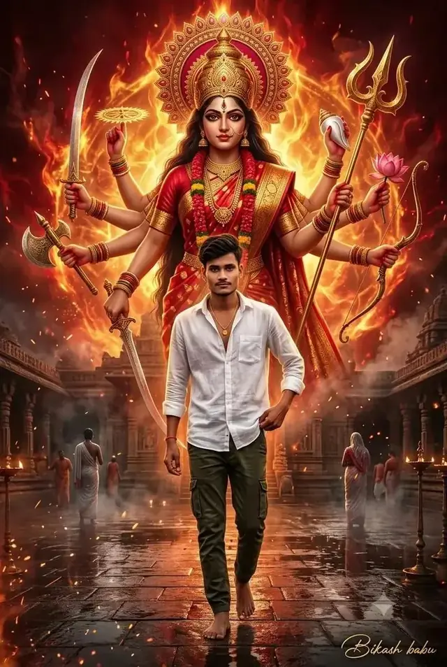 Maa Durga Divine Fire Aura, Powerful Goddess Durga AI Photo Editing, Cinematic Devotional Boy Portrait