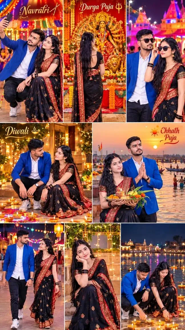 Indian Festival Couple – Navratri, Durga Puja, Diwali & Chhath Puja Collage