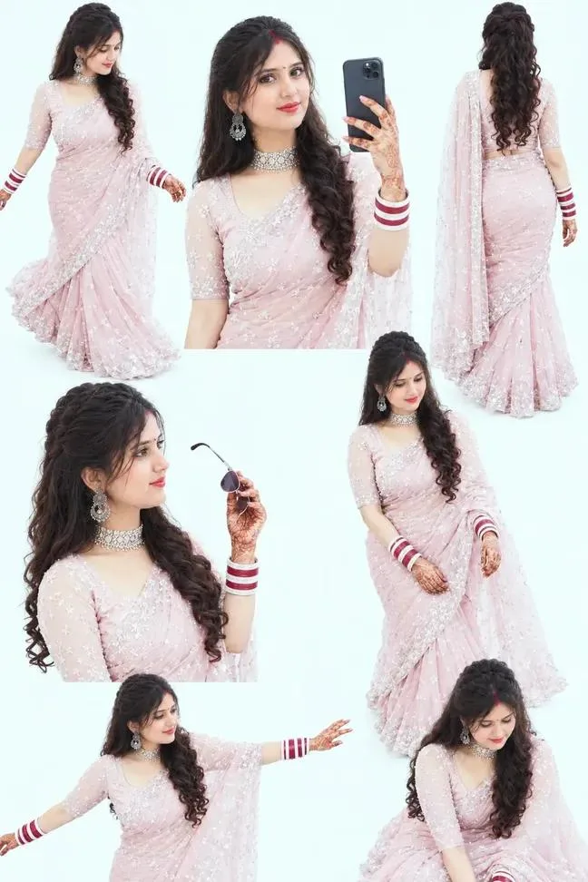 Beautiful Indian Girl in Baby Pink Saree 7 Pose AI Photo Collage