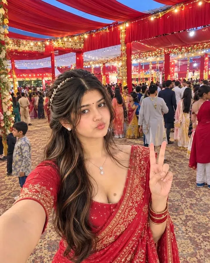 Beautiful Indian Girl Red Saree Festival Selfie Gemini AI Photo Prompt