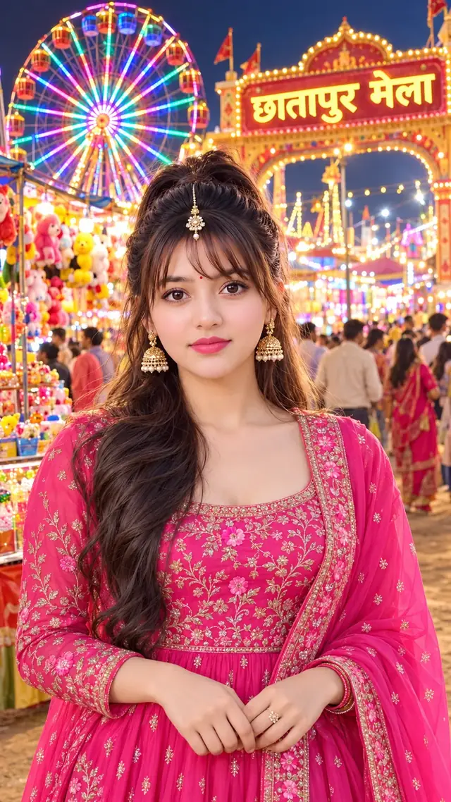 Beautiful Indian Girl in Pink Traditional Dress at Chhatarpur Mela โ AI Photo Prompt