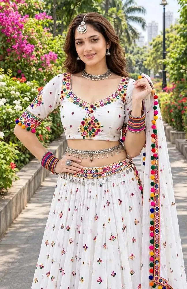 Beautiful Indian Girl in White Navratri Lehenga – Colorful Mirror Work AI Photo Prompt