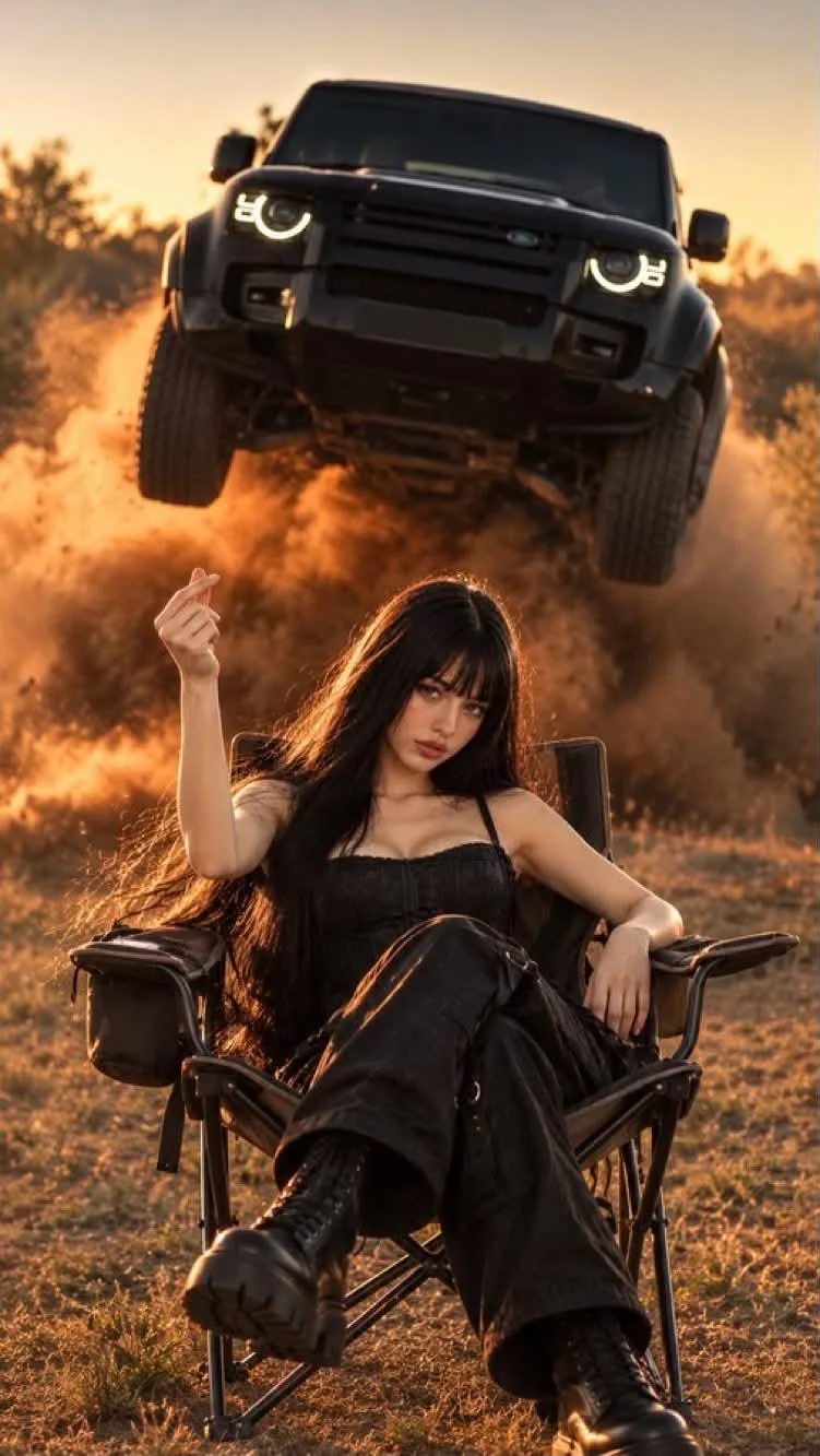 Black Outfit Girl with Flying SUV, Cinematic Action Photoshoot, Attitude Girl AI Photo Editing