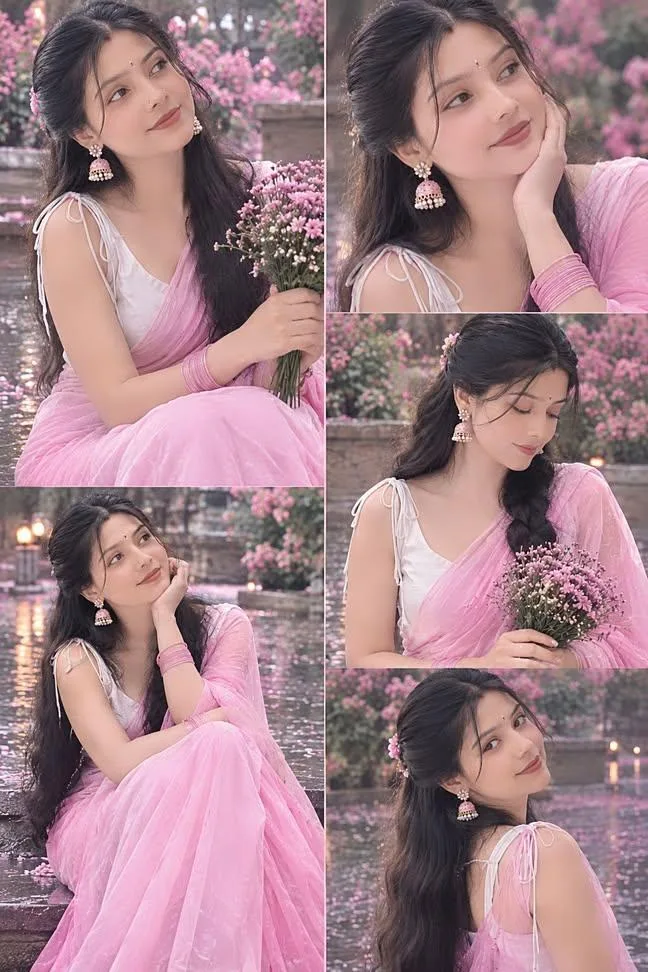 Beautiful Indian Girl in Baby Pink Saree Floral Garden Five Pose AI Photo Collage