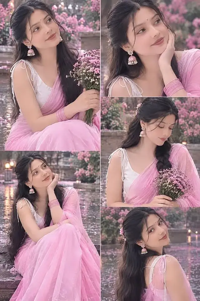 Beautiful Indian Girl in Baby Pink Saree Floral Garden Five Pose AI Photo Collage
