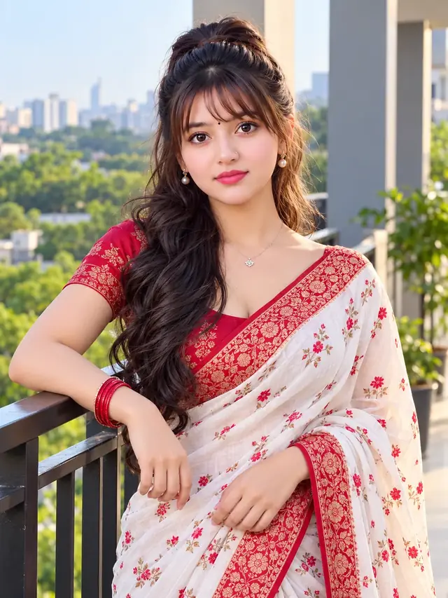 Beautiful Indian Girl White Red Saree Portrait, Elegant Balcony Photoshoot, Gemini AI Photo Editing