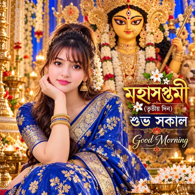 Mahalaya Good Morning, Maa Durga Blue Saree Girl, Bengali Devotional AI Photo