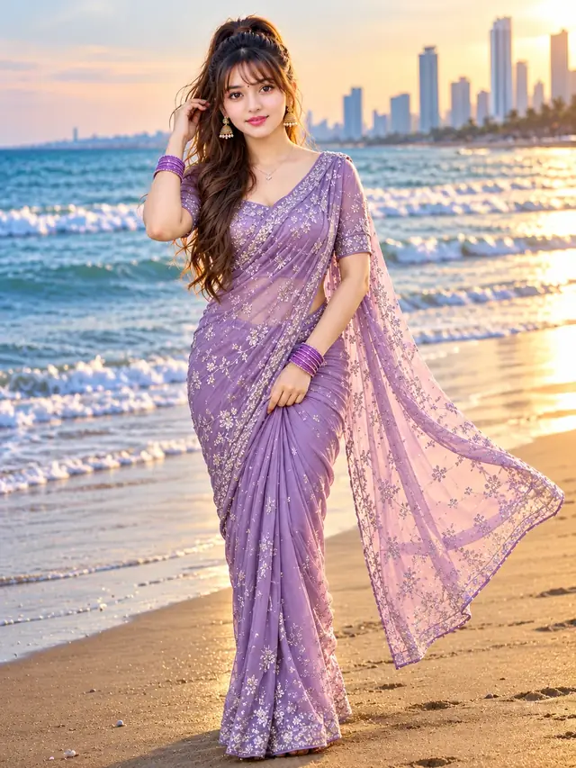 Beautiful Indian Girl Purple Saree Beach Photoshoot, Bollywood Style AI Portrait