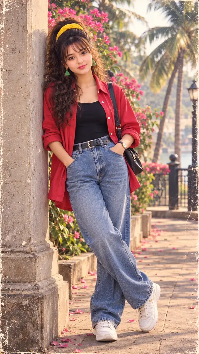 90s Retro Fashion Queen – Vintage Jeans & Red Shirt Portrait