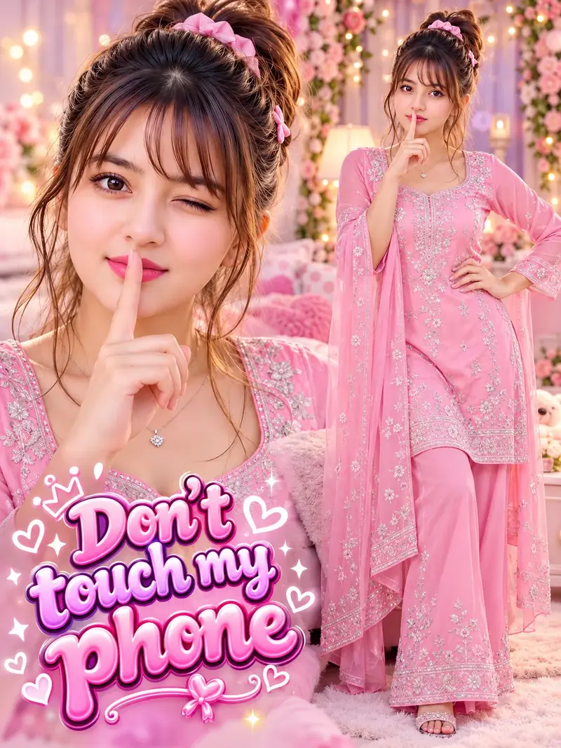Cute Pink Girl Don't Touch My Phone AI Photo Editing Prompt
