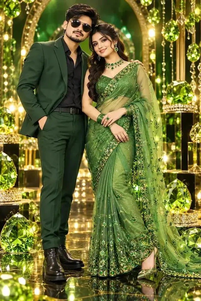 Royal Green Couple Photoshoot, Romantic Indian Couple Portrait, Bollywood Wedding Style, Luxury Emerald Green Saree