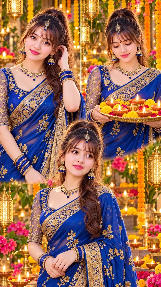 Priyanka Royal Blue Saree Diwali Special Three-Pose Collage | Beautiful Indian Festival AI Photo Prompt