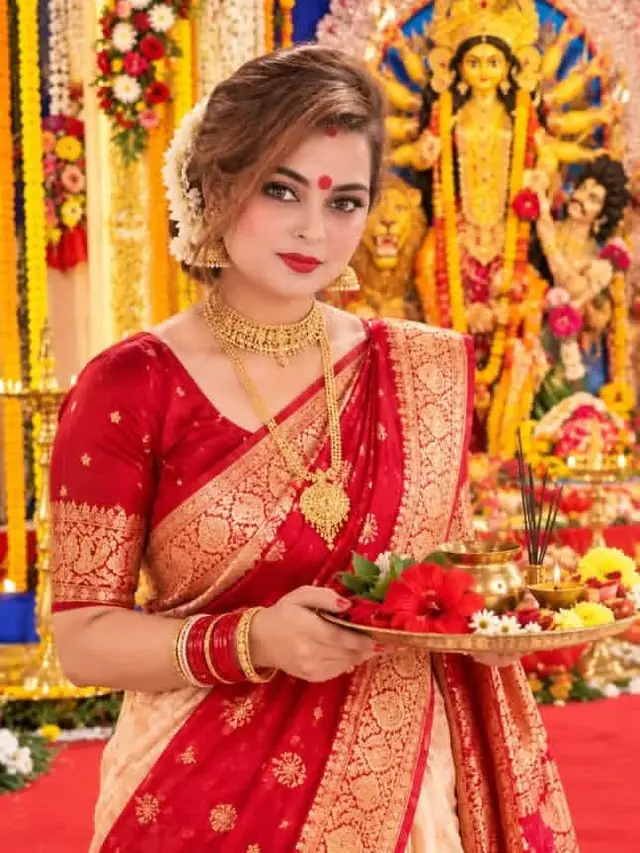 Bengali Durga Puja Red Banarasi Saree Girl AI Photo Editing Prompt